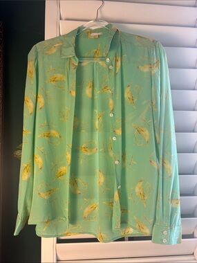 Leifsdottir for Anthropologie Light Green & Yellow Bird Silk Blouse size 4
